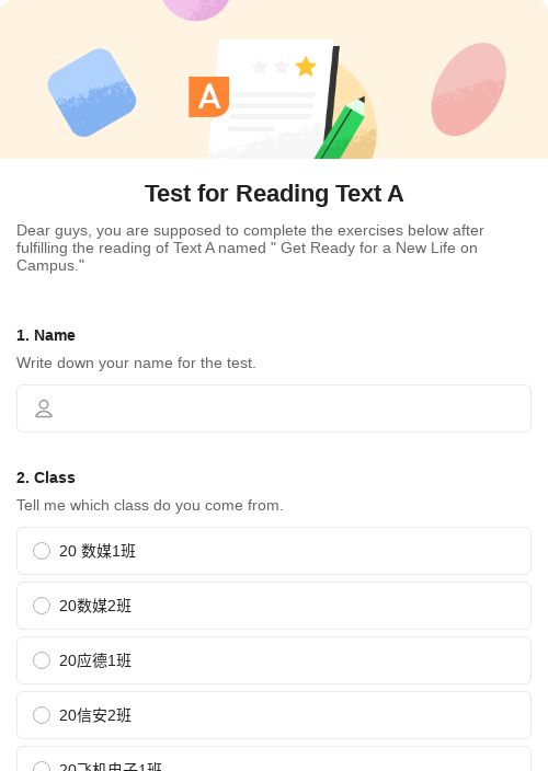 Test for Reading Text A-模版详情-模版中心-金数据-考试评分模板-教育培训模板