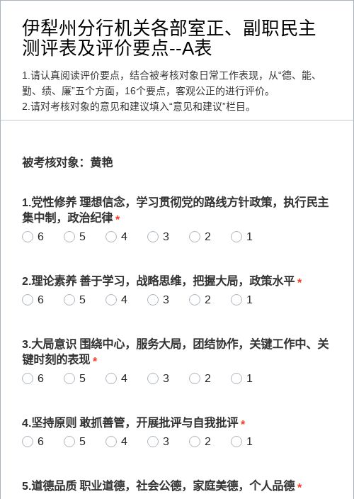 XX机关各部室正、副职民主测评表及评价要点--A表