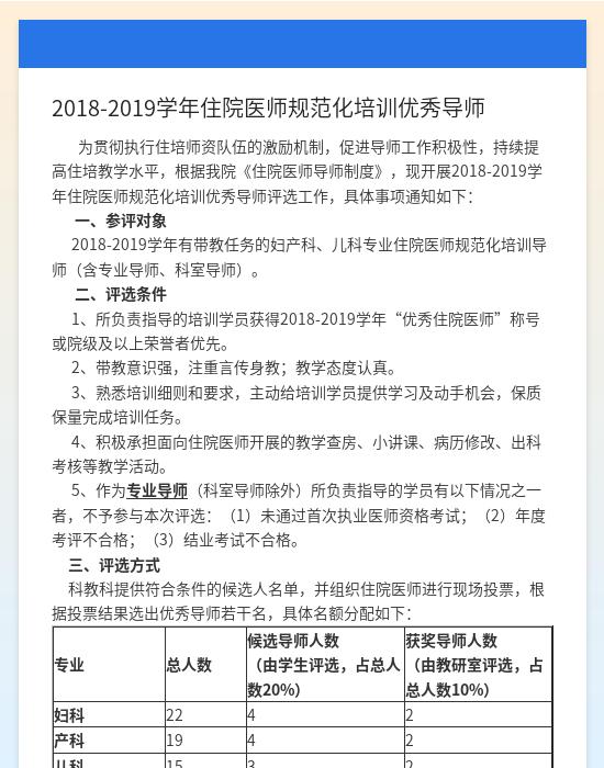 2018-2019学年住院医师规范化培训优秀导师